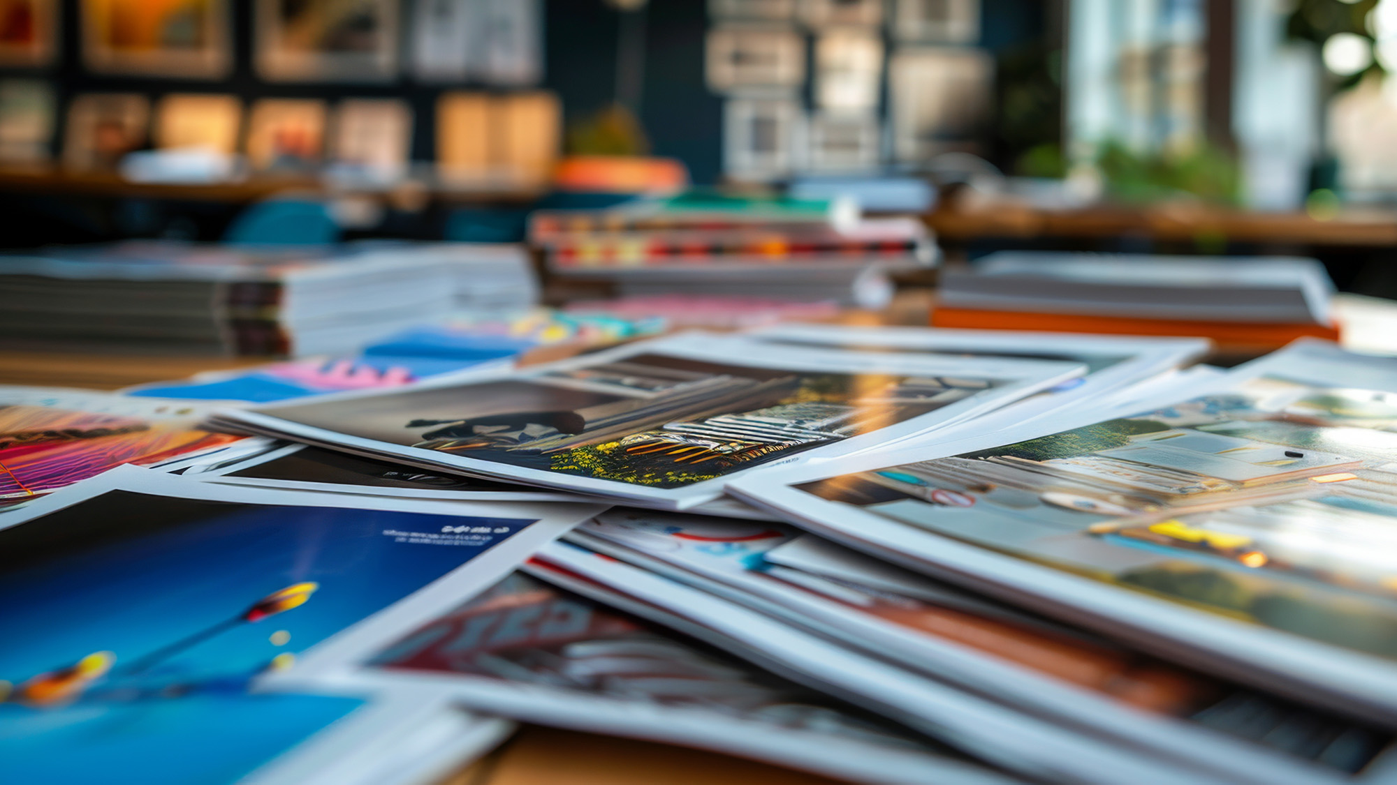 A stack of various colorful magazines spread out on a table in a cozy, well-lit reading room or cafe.