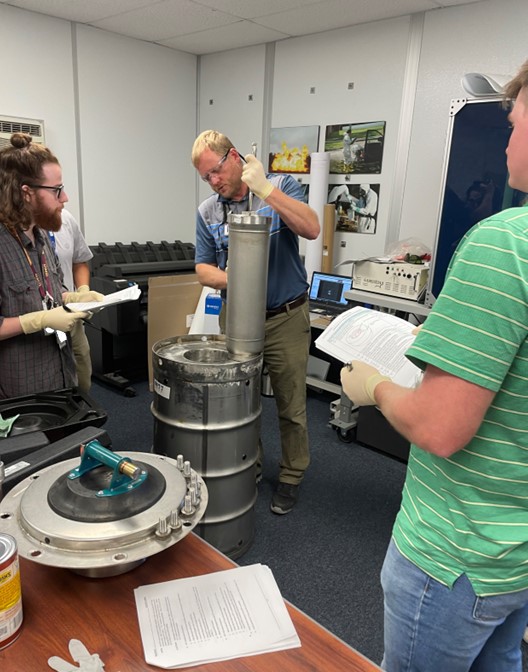 A course titled, "Use of Certified Type B and Fissile Packages," from the U.S. Department of Energy Package Certification Program provided participants with practical experience at the Savannah River Site. From left: Pat Lira and Josiah Valenzuela with Savannah River Nuclear Solutions, and John Brookshire and Thomas Heusel with Savannah River National Laboratory.