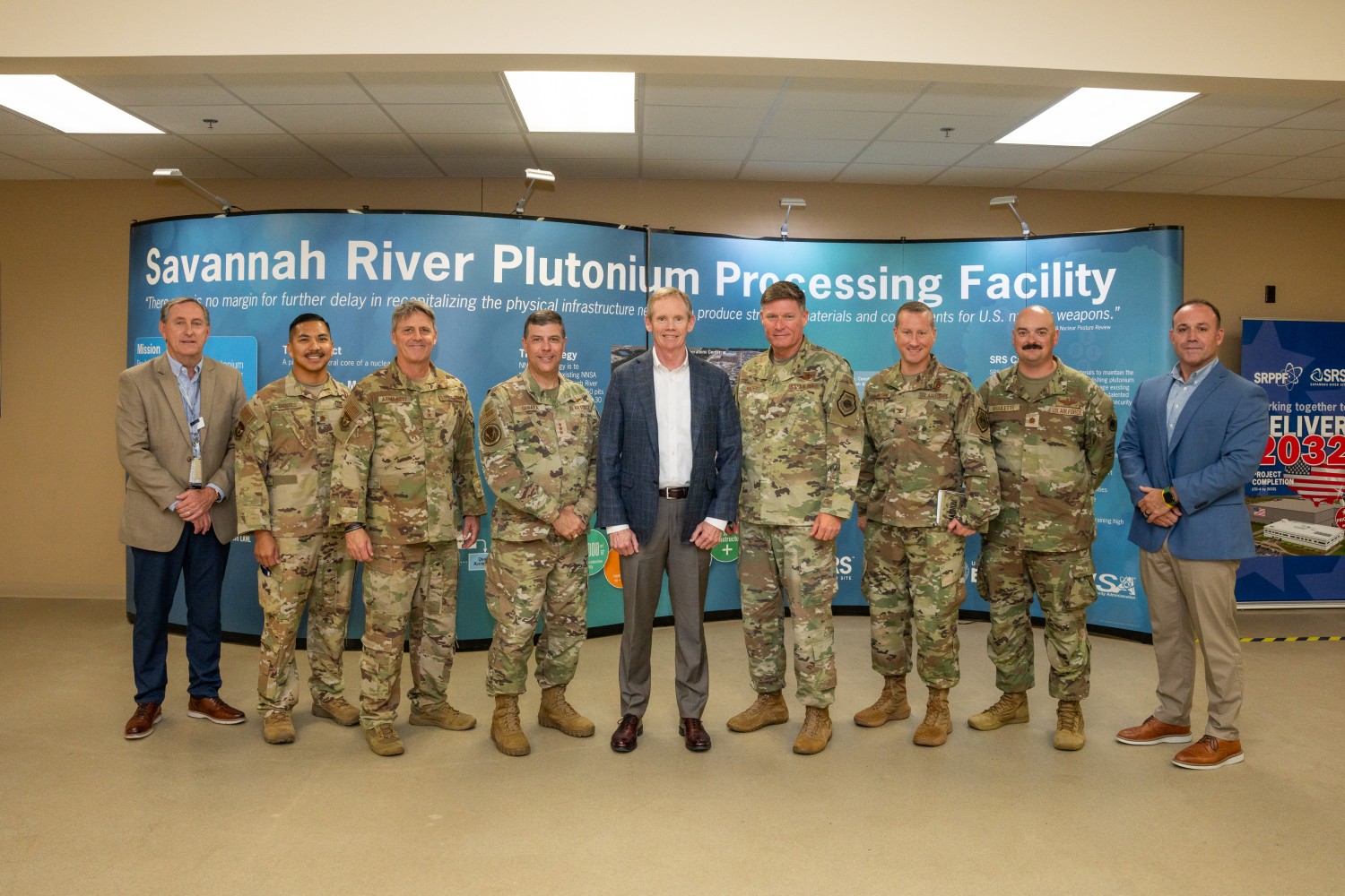 The Savannah River Site (SRS) recently hosted a group of prominent defense leaders from the U.S. Air Force, including Lieutenant General Andrew J. Gebara, Major General Jason Armagost and Brigadier General Michael Walters. Pictured from SRS are (l-r) Mike Swain, SRNS Senior Vice President, NNSA Pit Production Operations and Programs; Jim Dawkins, SRNS Executive Vice President and Chief Operations Officer; and Mike Basham, SRNS Senior Vice President and SRPPF Project Director.