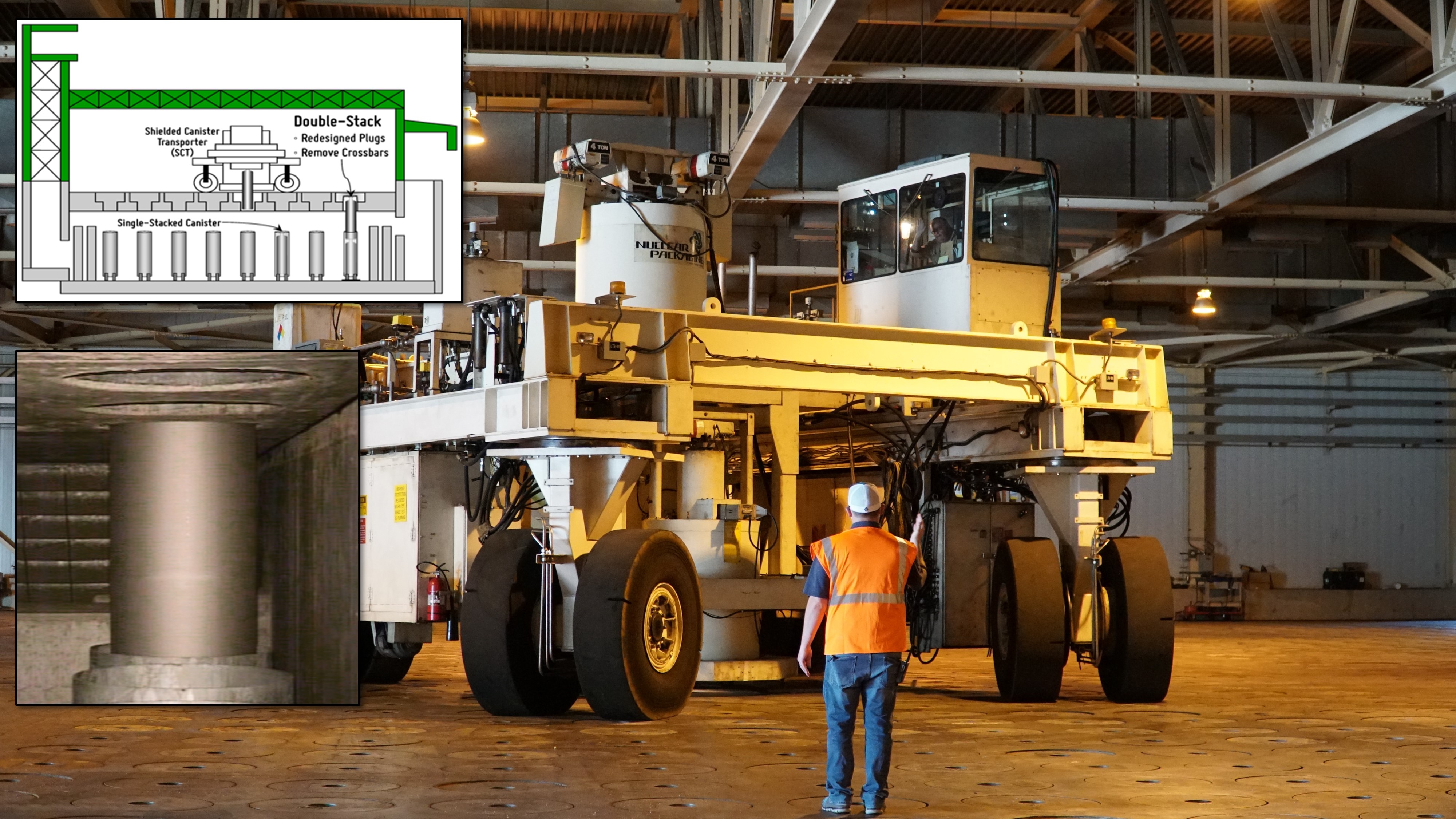 The 2,000th canister of vitrified, high-level waste is double stacked in Glass Waste Storage Building 1 as part of the innovative Canister Double-Stack Project