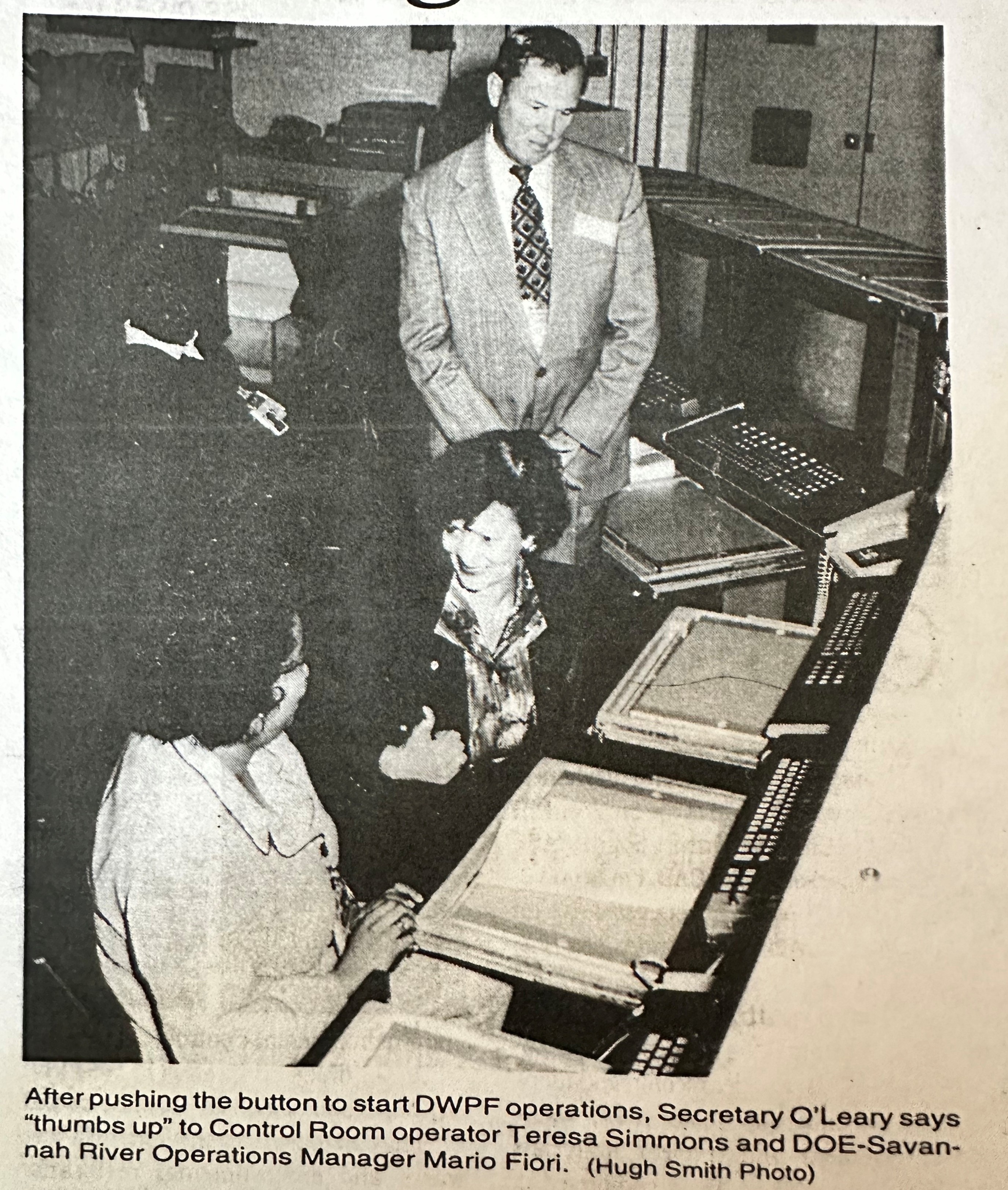 A news clipping from an April 1996 edition of “SRS News” commemorates the startup of the Defense Waste Processing Facility.