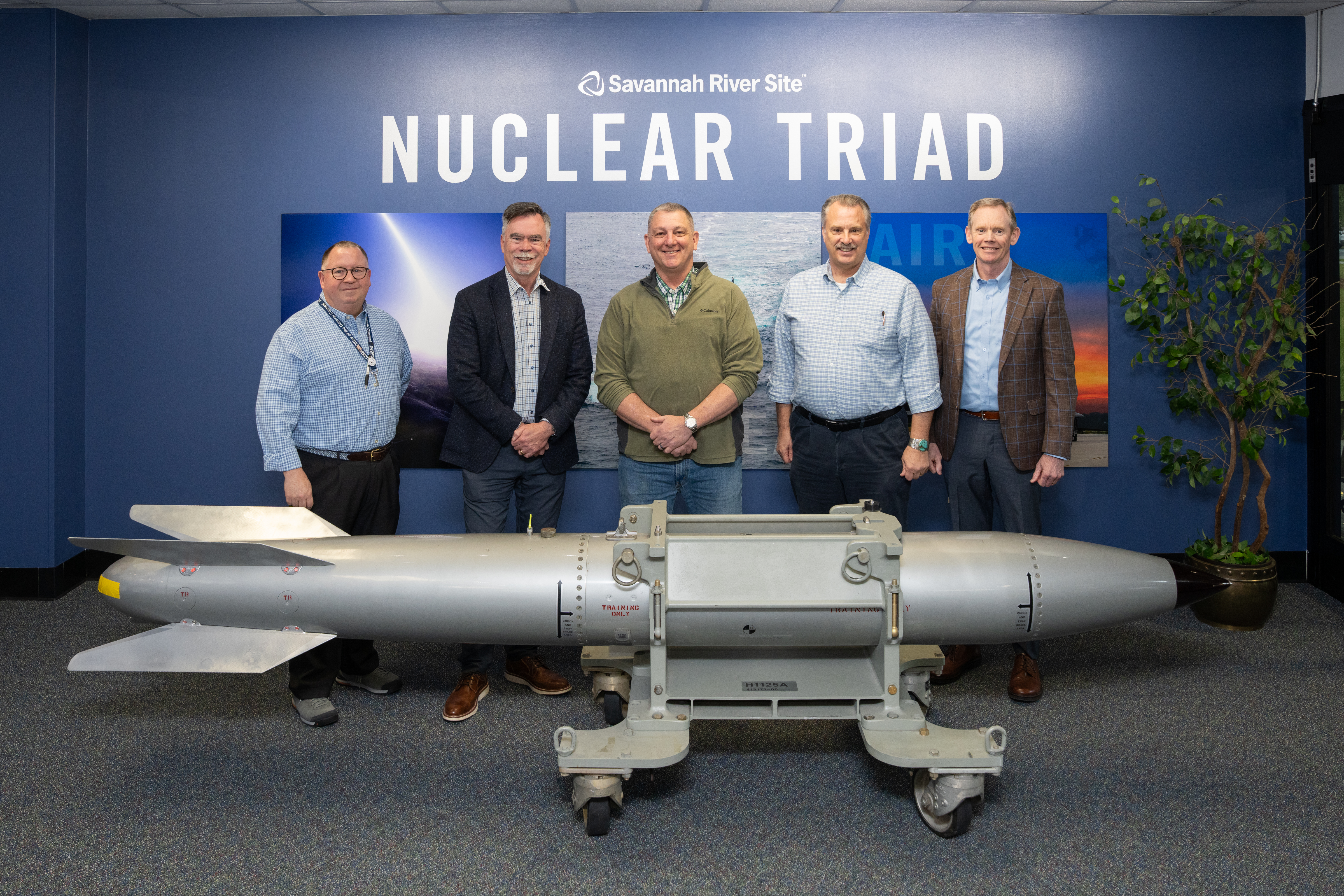 NNSA Principal Deputy Administrator Scott Pappano met with leaders from NNSA Savannah River Field Office (SRFO) and SRNS during his first visit to SRS. From left: Tim Fischer, Deputy Manager, NNSA-SRFO; Jeff Griffin, President and CEO, SRNS; Pappano; Michael Mikolanis, Manager - NNSA SRFO; and Jim Dawkins, Executive Vice President and Chief Operations Officer, SRNS.